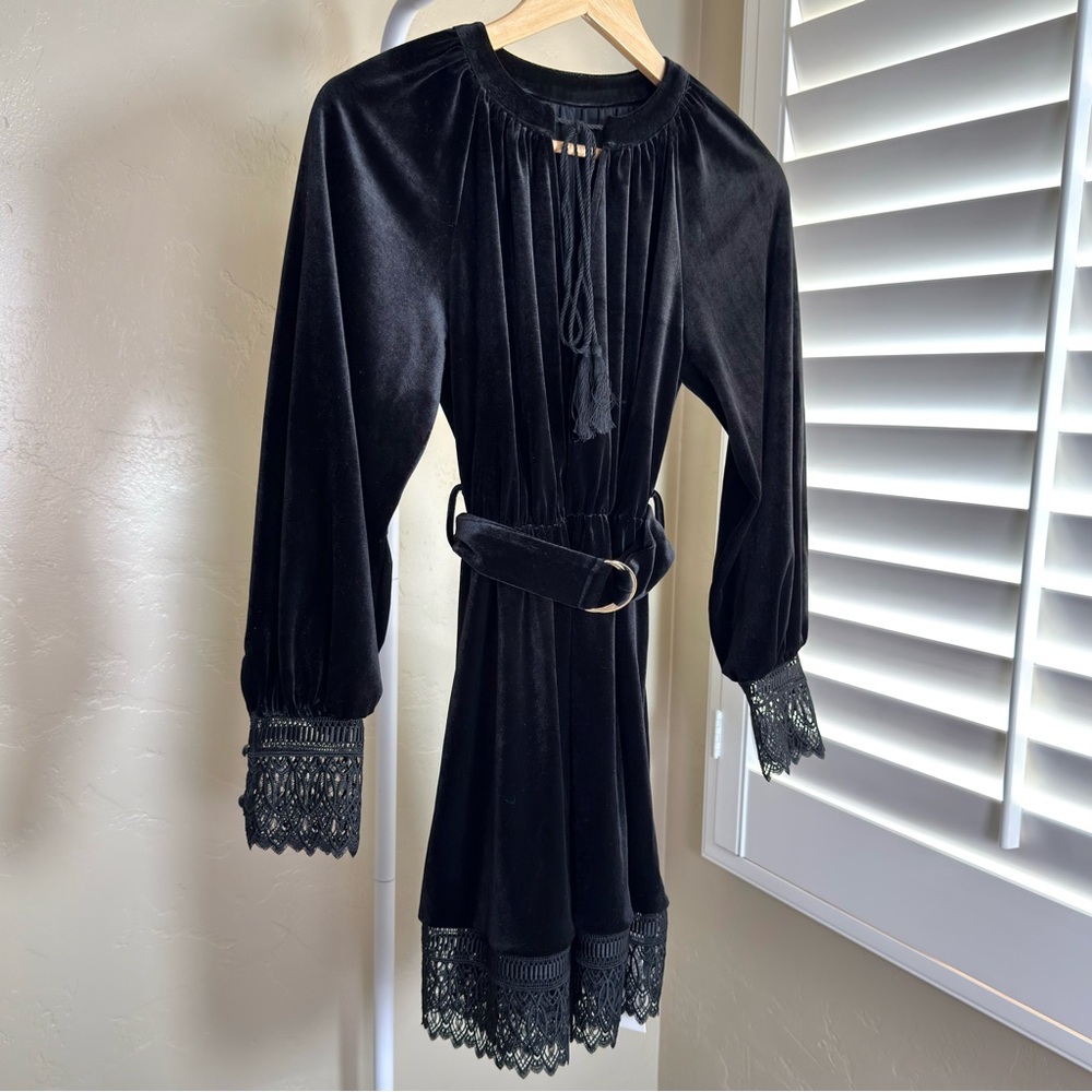 Commense Black Velvet Lace-Trim Mini Dress - Picture 5 of 12